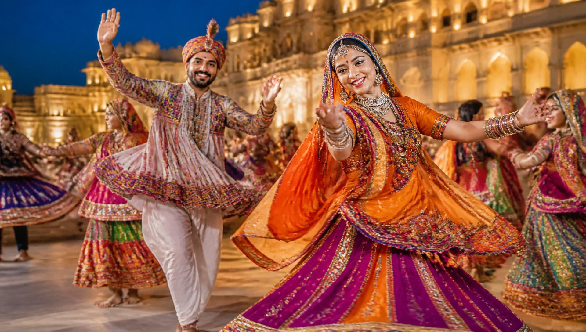 Rajasthani folk dancers in traditional dress performing at night